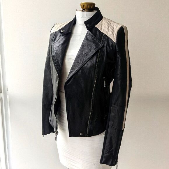 BCBG Max Azria Two-Tone Leather Biker/Moto Jacket - Black & Cream - Picture 3 of 8